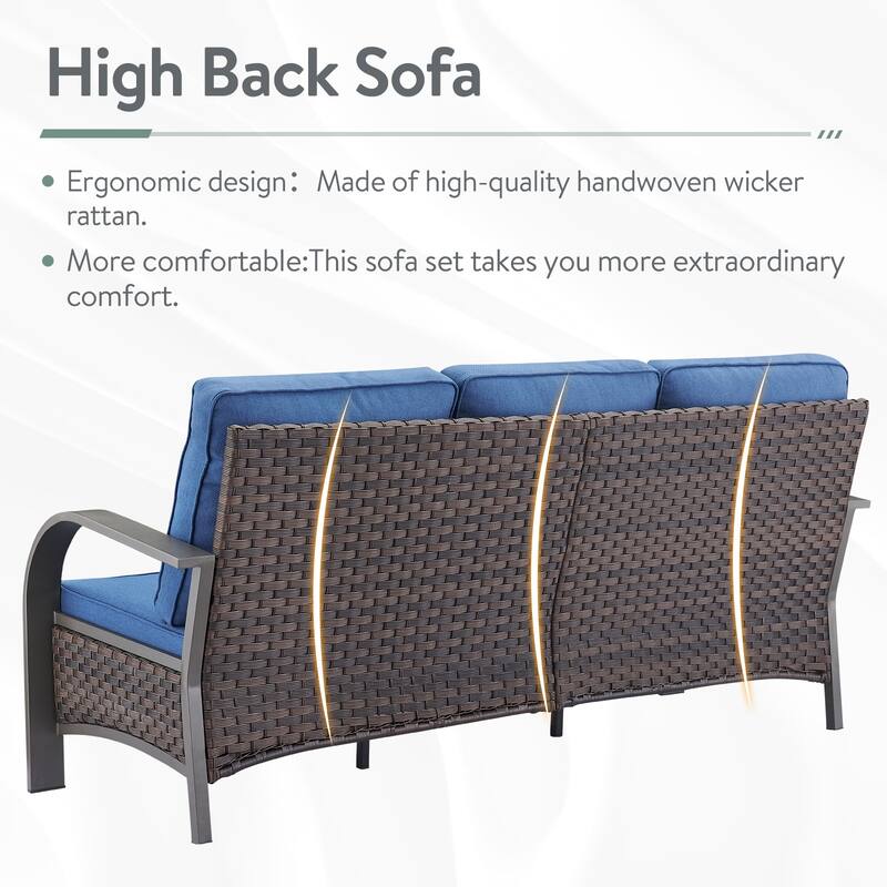 PE Wicker 3-Seat Outdoor Sofa High Back Couch - Blue Cushion - Brown