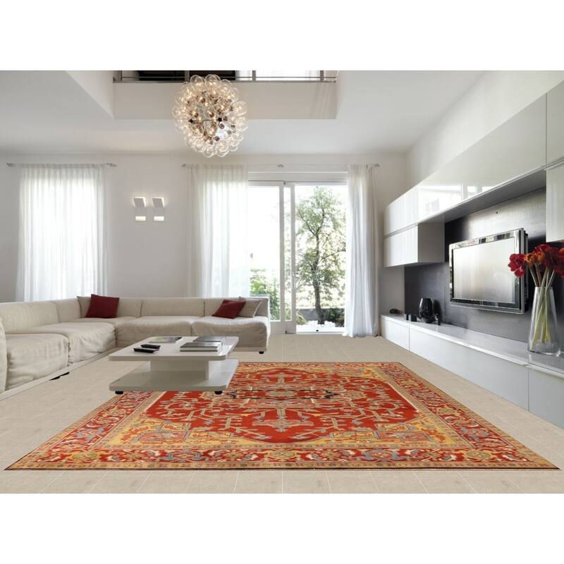 Heriz Serapi Indian Large Rug Handmade Orange Wool Carpet - 11'9" x 15'0"