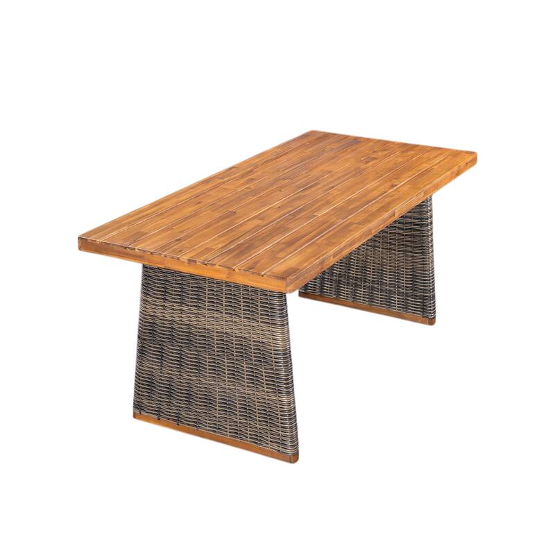 Outdoor Dining Table Acacia Wood Slatted Top with Woven Rattan Base