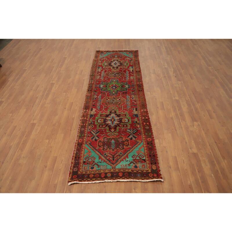 Hand Knotted Oriental 100% Wool Carpet Traditional Geometric Red Heriz Runner Rug - 10' 4'' X 3' 0''