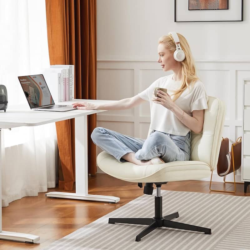 Criss Cross Legged Chair No Wheels Armless Wide Seat Adjustable Height Swivel Thick Padded PU Leather Comfortable Home Office
