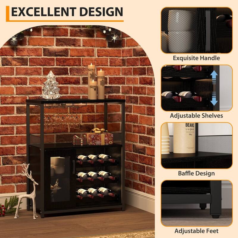3-Tier Wine Bar Cabinet with Storage, Wine Rack & Glass Holder, Small Liquor Cabinet for Home, Black Corner Storage with Shelves