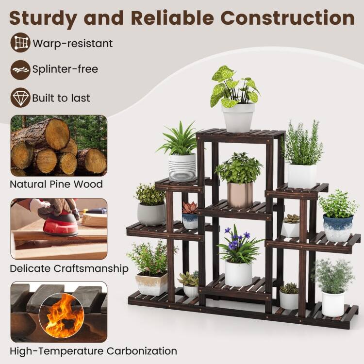 Brown Pine Wood 6-Tier Plant Stand with 9 Shelves for Indoor and Outdoor - 47" x 10" x 38"