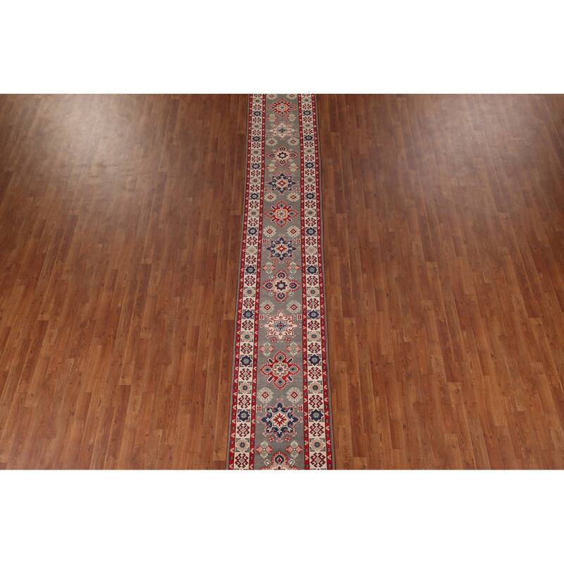 Geometric Kazak Runner Rug Hand-Knotted Oriental Grey Wool Carpet - 2'2" x 19'2"