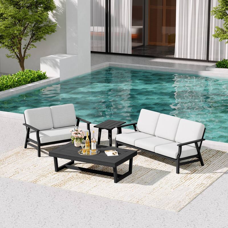 Teak Outdoor Seating Set with Daybed & Tables.