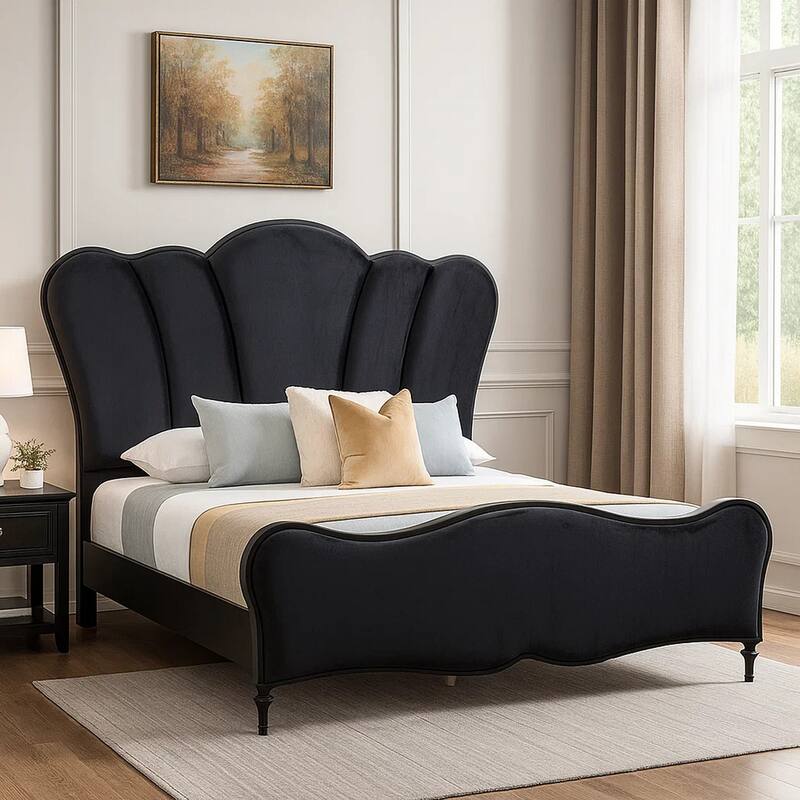 Eleena Queen Bed, Scalloped Padded Channel Tufting, Black Upholstery