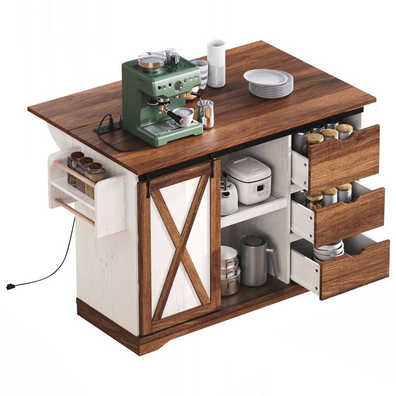 Farmhouse Kitchen Island with Drop Leaf, Kitchen Storage Island with Barn Door, Power Outlet, Rolling Kitchen Cart on Wheels