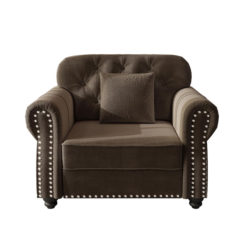 Velvet Chaise Lounge Chair with Ottoman, Mid-Century Modern Chesterfield Single Sofa Chair with Rolled Arms & Nailhead Trim