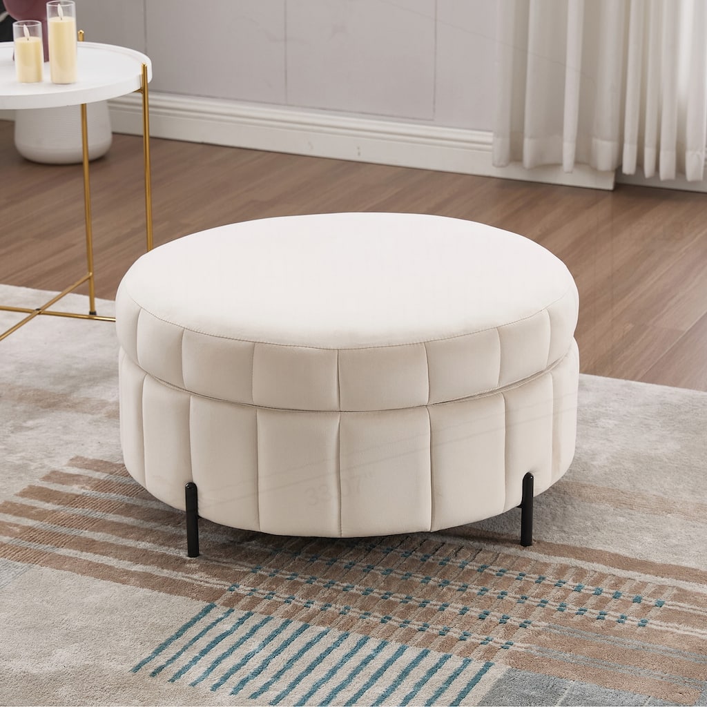 31.5"W Upholstered Round Ottoman With Reversible Lid