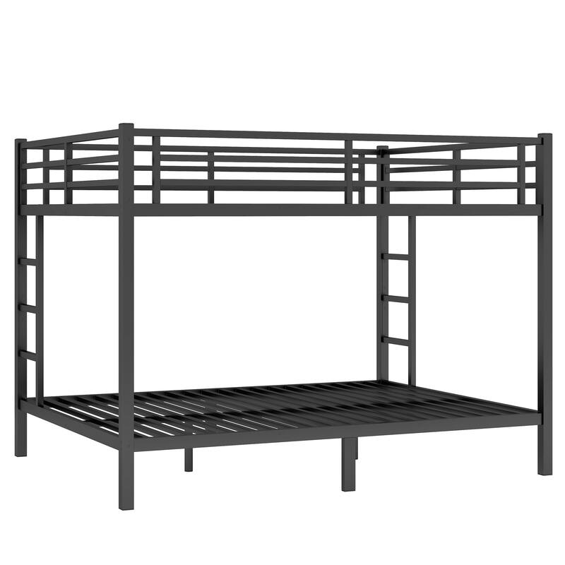 Heavy-Duty Metal Queen Over Queen Bunk Bed Frame for Home or Dorm Use with Double Ladders, Slats Support and Underbed Storage