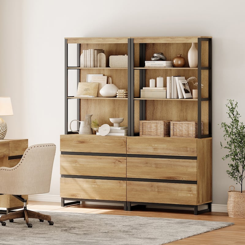WAMPAT Modern 72" Tall Bookcase with Drawers and Open Book Shelfs, Library Book Shelf for Home Office, Living Room