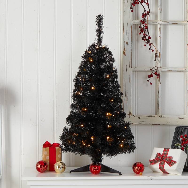 Pre-Lit Black Medium Artificial Christmas Tree - 3’ - Clear LED Lights - 3 Foot
