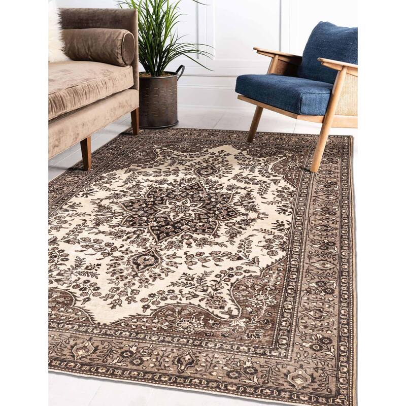 ECARPETGALLERY Hand-knotted Antalya Vintage Cream Wool Rug - 6'7 x 9'7