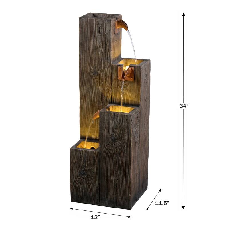 LED Lighted Cascading Wooden Textured Outdoor Garden Water Fountain - 33.75"