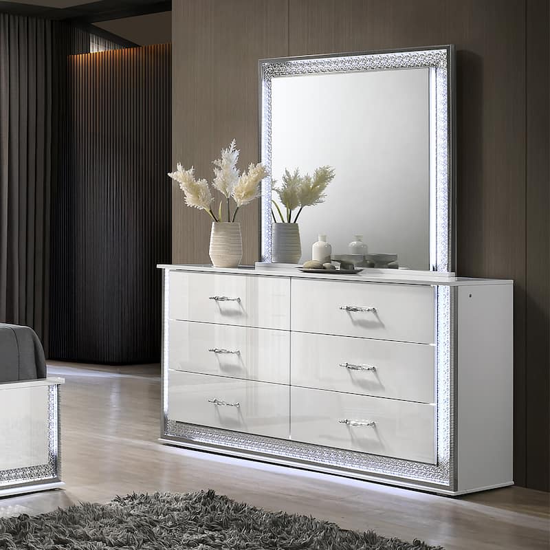 Furniture of America Andrea Modern 2-Piece White 6-Drawer Dresser and Mirror Set with LED Accent Lighting - 6-drawer - White