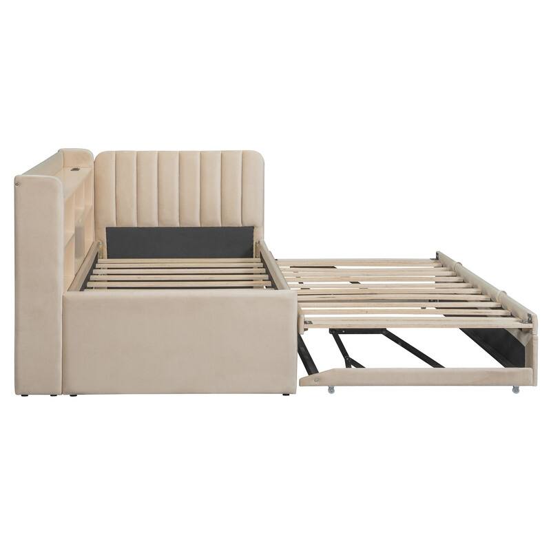 Twin Size Upholstered Daybed with Trundle, Storage Platform Bed Frame with Shelves and Charging Station