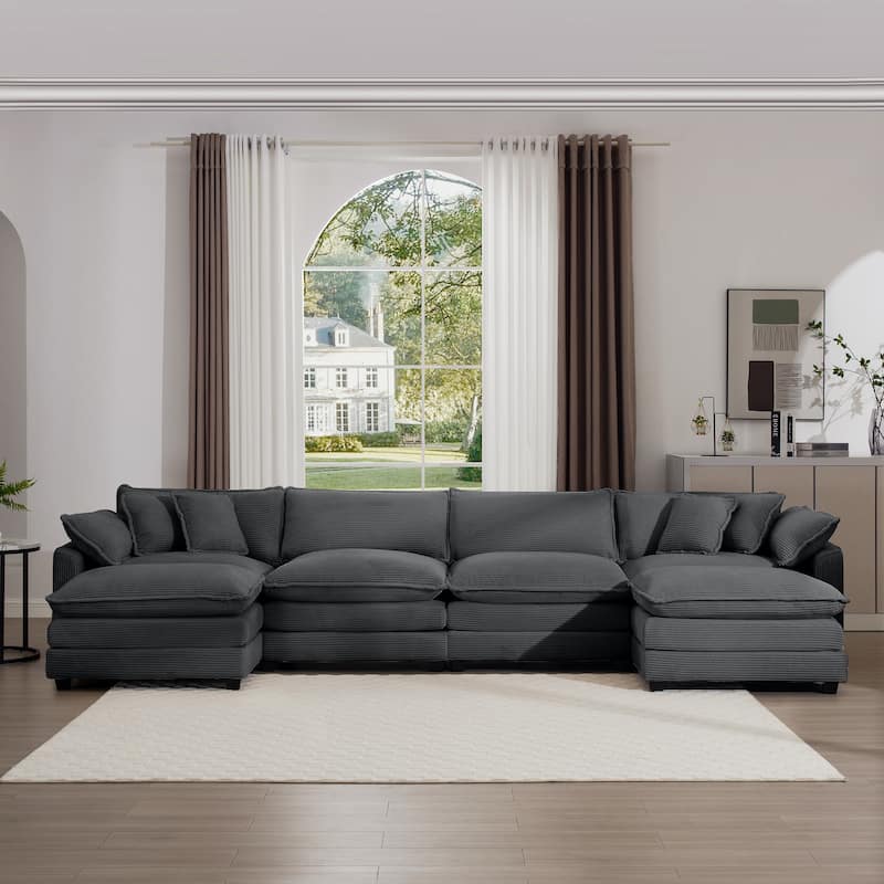 Grey 150" Corduroy Modular U-Shaped Sectional Sofa with 2 Ottomans