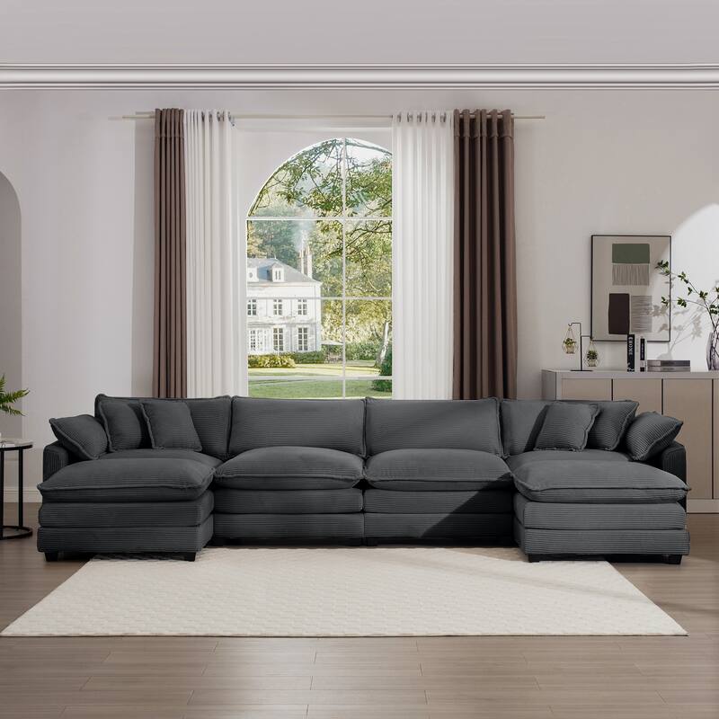 Modern Fabric 4 Seater Modular Sofa Set - Soft Upholstered U-Shape Corduroy Couch with 2 Ottomans for Living Room