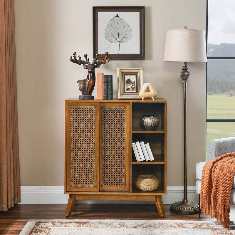 31" Mid Century Modern Rattan Storage Buffet/Sideboard - Light Walnut