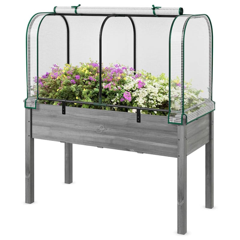 Raised Garden Bed w/ Cover Wood Elevated Planter Box /Mini Greenhouse - White+Grey