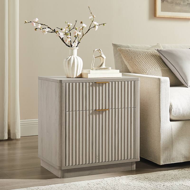 Modern Fluted Nightstand with Charging Station, 2 Drawer Bedside Table