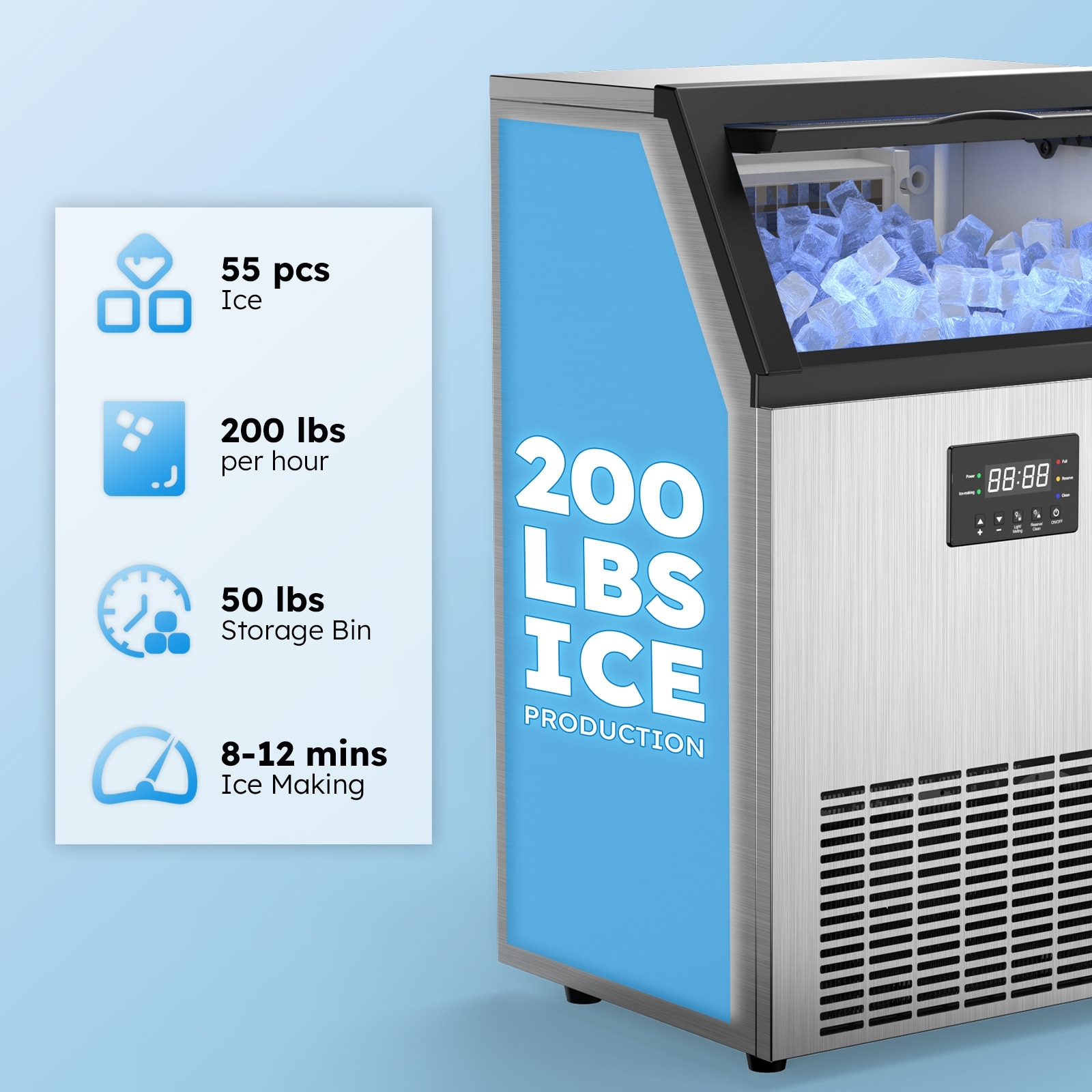 Commercial Ice Maker 200lbs/24H, 50lbs Storage Bin, Under