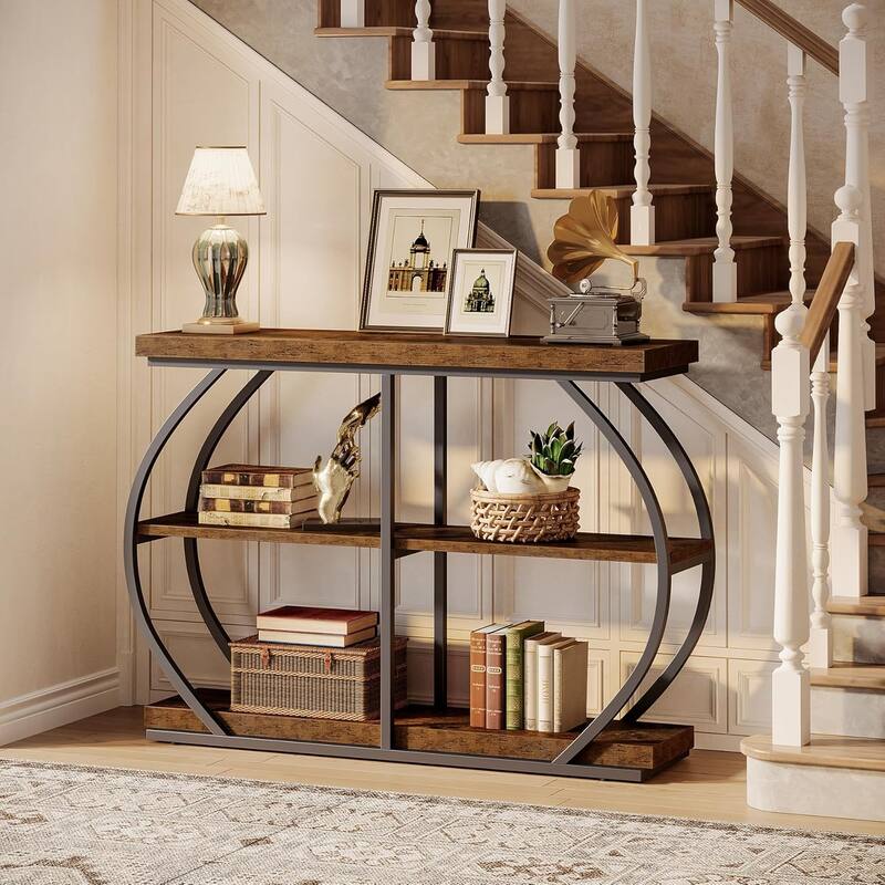 41.3 Inches Brown Wooden Console Table, 3-Tier Industrial Sofa Table for Living Room