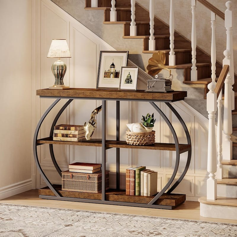 Industrial 3 Tiers Console Table, 41.3 Inches Narrow Wood Entryway Table - Brown and Black