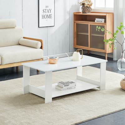 A modern and practical white coffee table and coffee table. The double layered coffee table is made of MDF material