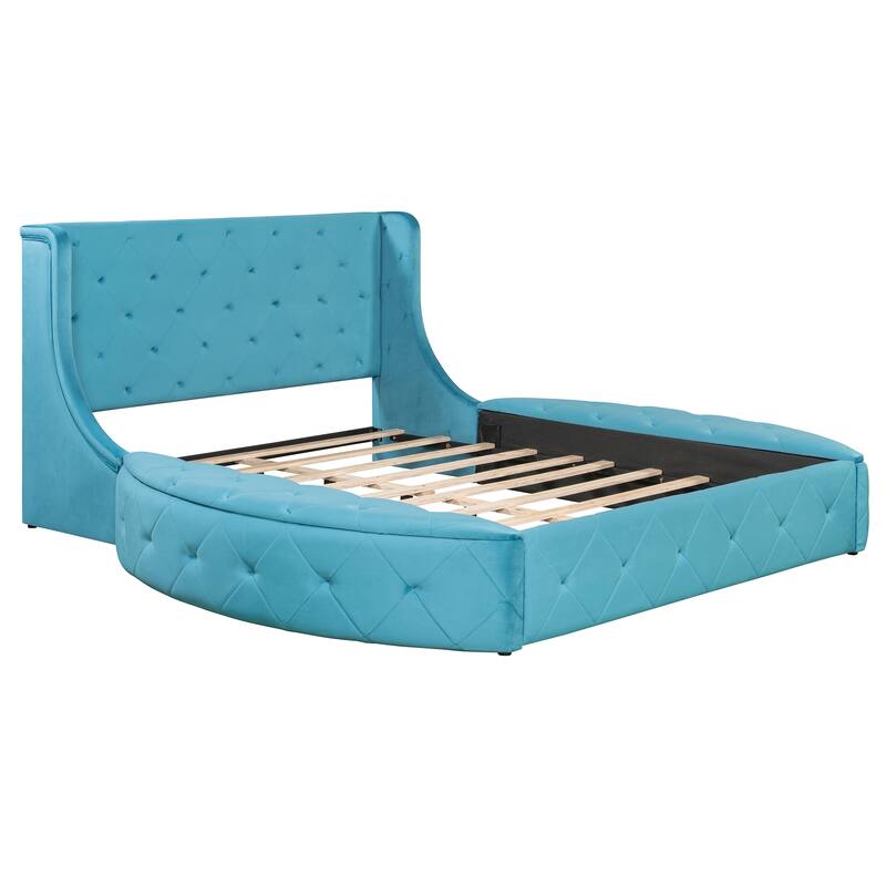 Roomfitters Queen Size Upholstered Platform Bed with Storage Drawer and Velvet Wingback Headboard