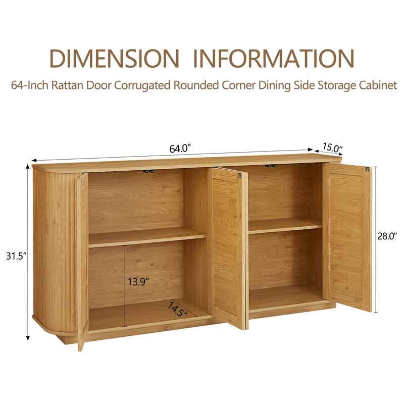 Rounded corner sideboard, storage cabinet, buffet, wood vertical striped cabinet with rattan doors