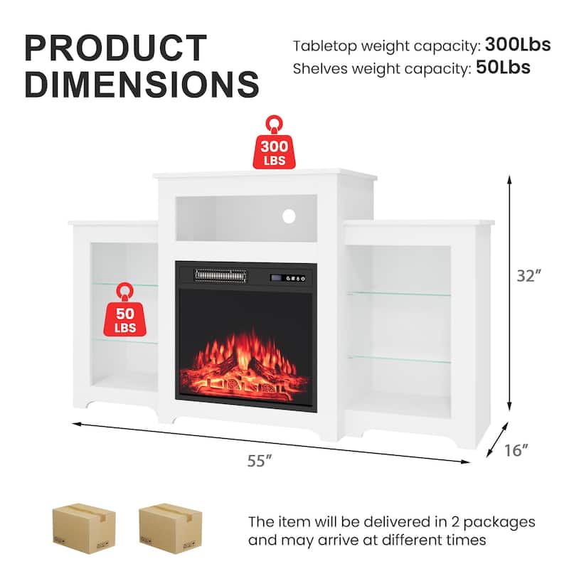 32" H Fireplace TV Stand, 55/70 Inch Media Console for TVs up to 80", Remote, Storage & LED Lights