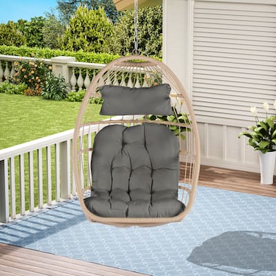 Outdoor Garden Rattan Egg Swing Chair, Hanging Chair Wood with Waterproof Cushions, Galvanized Steel Frame for Patio, Garden