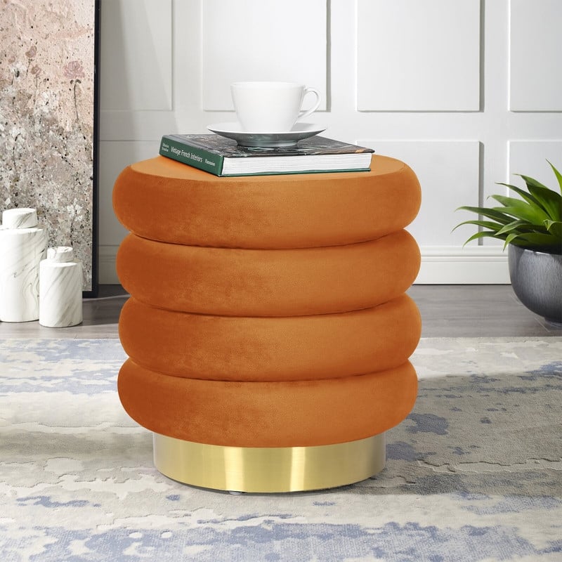 Adeco Round Velvet Ottoman Upholstered Foot Stool - Orange