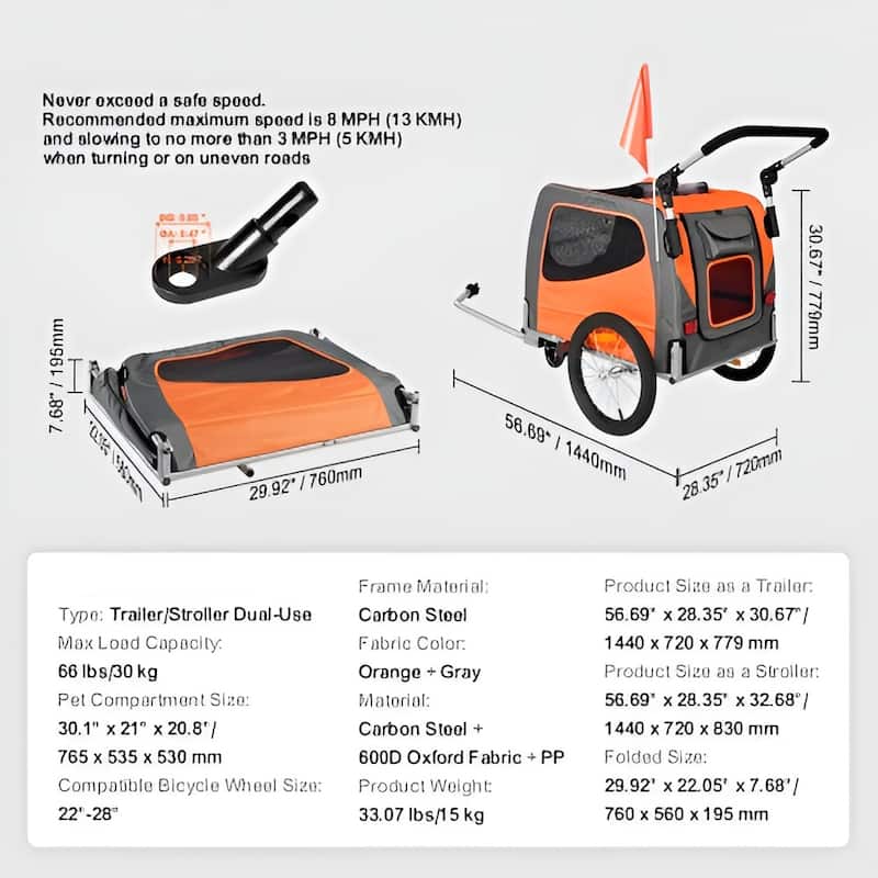 Orange-Grey Steel Pet Stroller Trailer, 2-in-1, Foldable, 66lb Max Capacity - 30.1" L x 21" W x 20.8" H