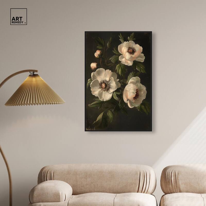 White Peonies in Dark I Canvas by Art Remedy