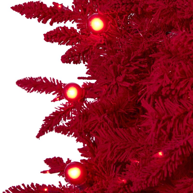 7ft. Red Flocked Fir Artificial Christmas Tree with 500 Red Lights, 40 Globe Bulbs & 1039 Branches - Bold Festive X-Mas Tree