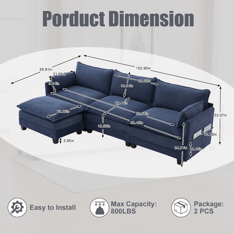 Oversized Modular Sectional Sofa with Ottoman, 102 Inch 4 Seat Corduroy L Shaped Couch for Living Room