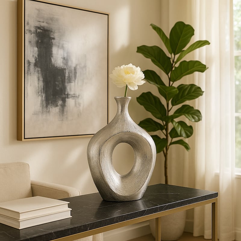 Modern Ceramic Textured Oval Cut-Out Vase - Home Decor - 13"