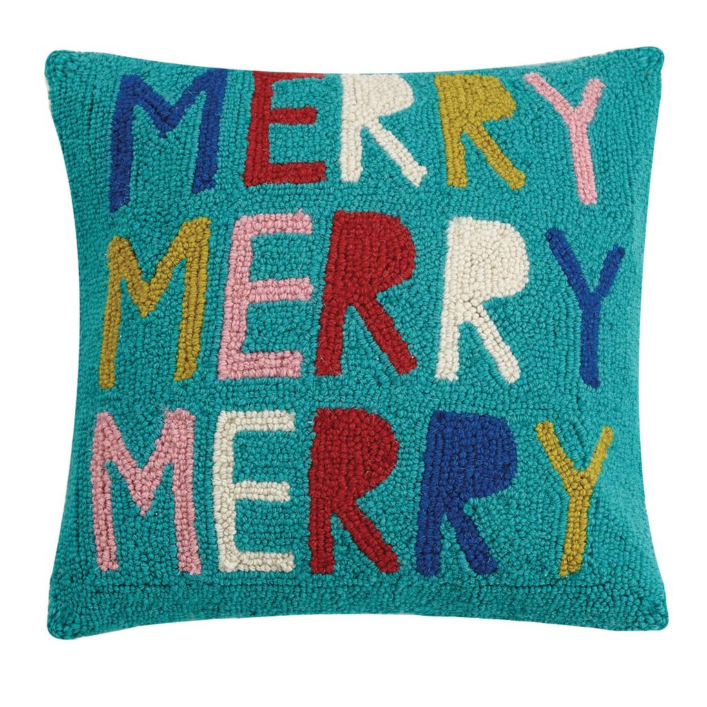 Triple Merriment Turquoise Blended Wool/Cotton Square Hook Pillow