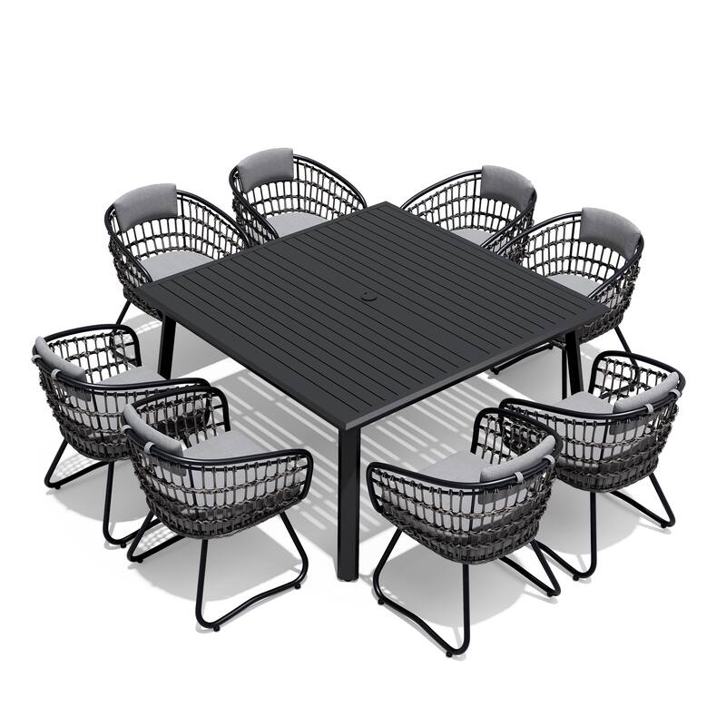 9-Piece Outdoor Patio Dining Set All-Weather Aluminum Square Table with Umbrella Hole and Cushioned Rattan Chairs - Grey