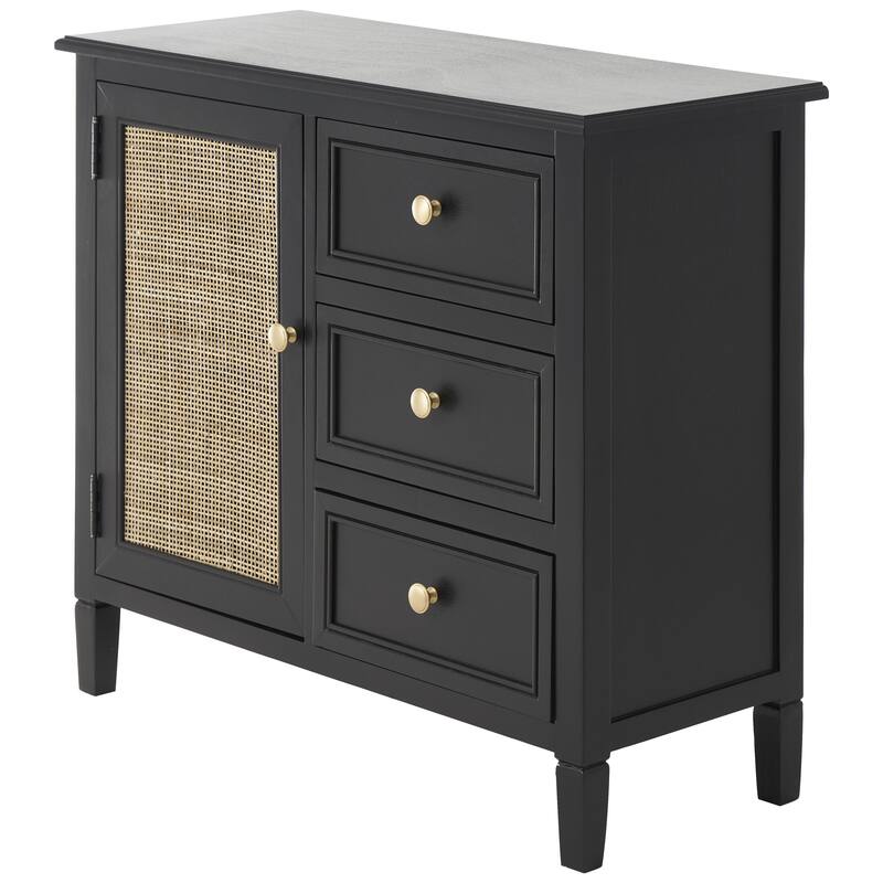 Wood Handmade 1 Door and 3 Drawers Cabinet with Rattan Front - Black - Roche River Decor - Black