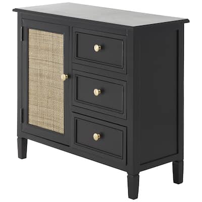 Wood Handmade 1 Door and 3 Drawers Cabinet with Rattan Front - Black - Roche River Decor
