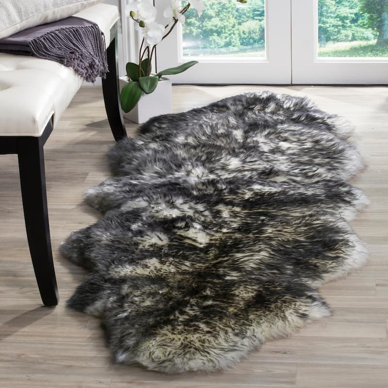 SAFAVIEH Handmade Natural Sheepskin Leanca 3.4-inch Thick Rug - 2' x 6' Runner - Ivory/Dark Charcoal - Runner