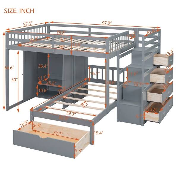 dimension image slide 1 of 2, Full Over Twin Bunk Bed w/Wardrobe, Stairs Side Drawers, Footboard Drawer and Full-length Guardrail - Wooden Storage Bed Frame