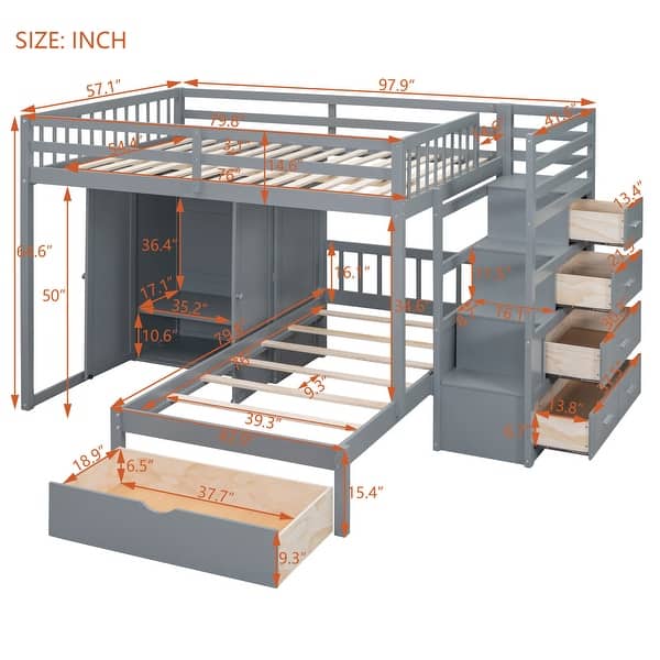 dimension image slide 1 of 2, Full Over Twin Bunk Bed with Wardrobe & Drawers, Grey