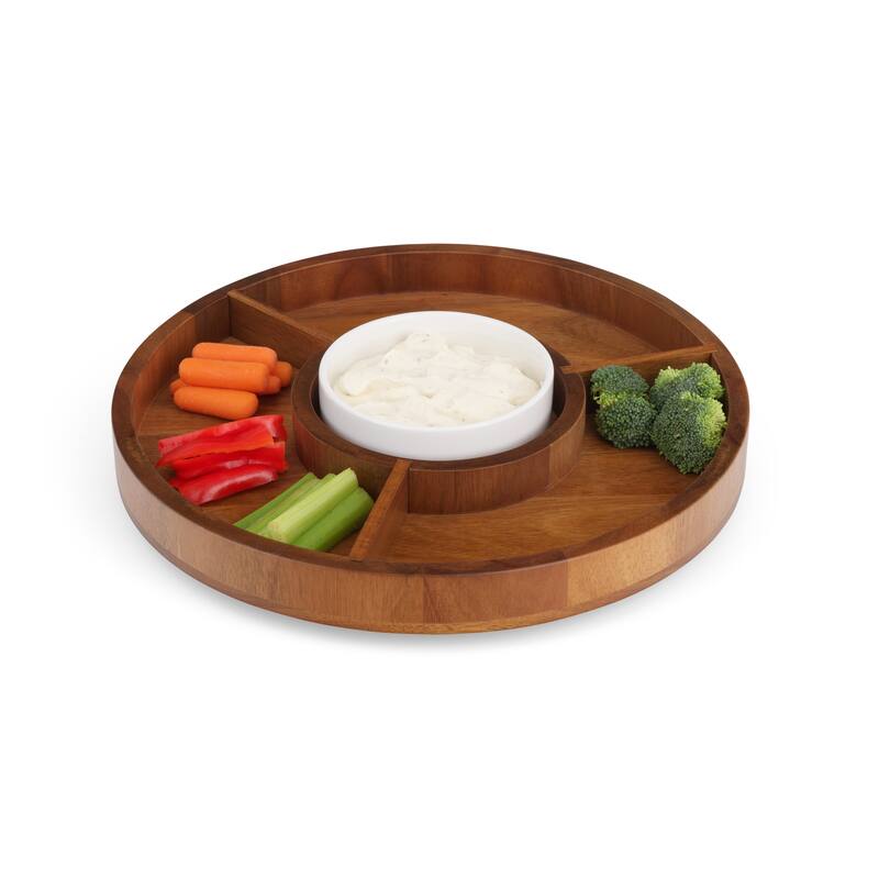 Nambe Duets Lazy Susan Crudite Tray and Bowl - Tray: 14" D x 1.5" H; Bowl: 6" D x 2" H