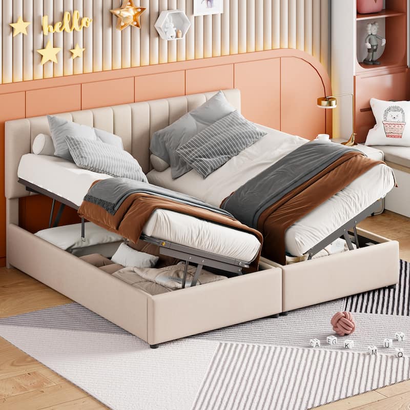 King Size Upholstered Hydraulic Platform Bed - Twin-to-King Convertible Design, Vertical Stripe Headboard