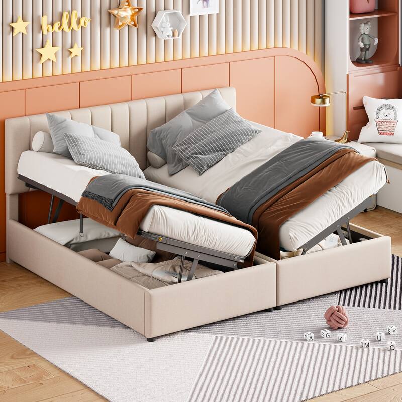 King Size Upholstered Platform Bed with a Hydraulic Storage System, Beige