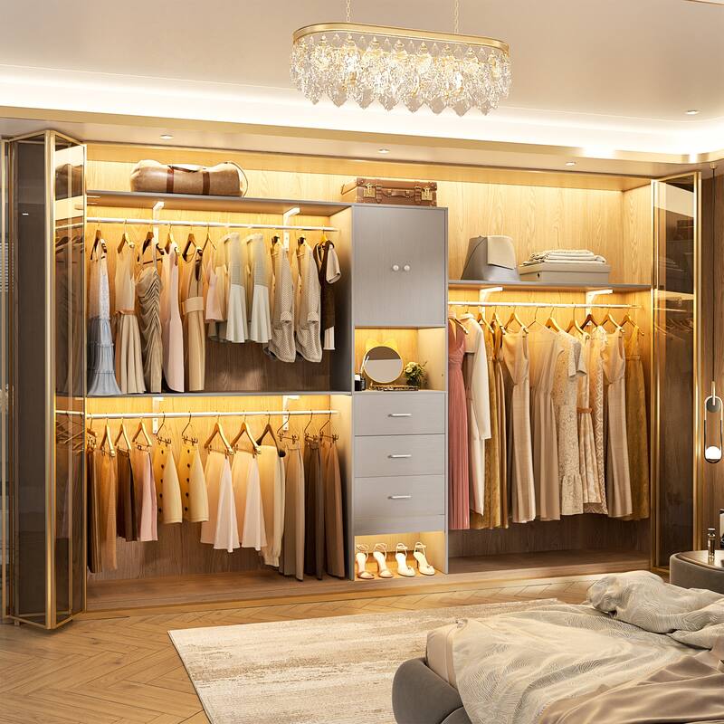 Rackcog 20.3'' - 120'' Large Closet Organizer with Doors, Closet System with Drawers and Hanging Rods (can be cut to fit)
